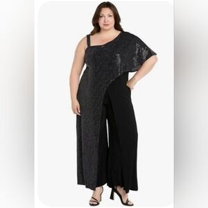 R&M Richards Black One-Shoulder Sequin Draped Jumpsuit